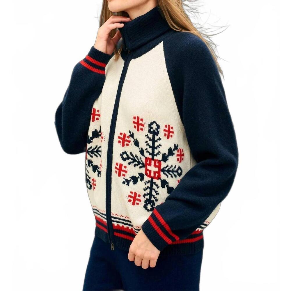NEW JUMPER1234 snowflake zip up cardigan sweater in navy red and cream